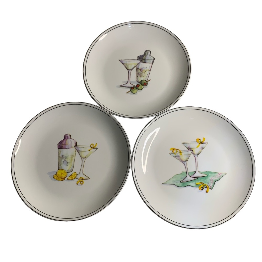 Vintage Martini Boston Warehouse Porcelain Plate Set Of 3 Shaker Lemons Olives